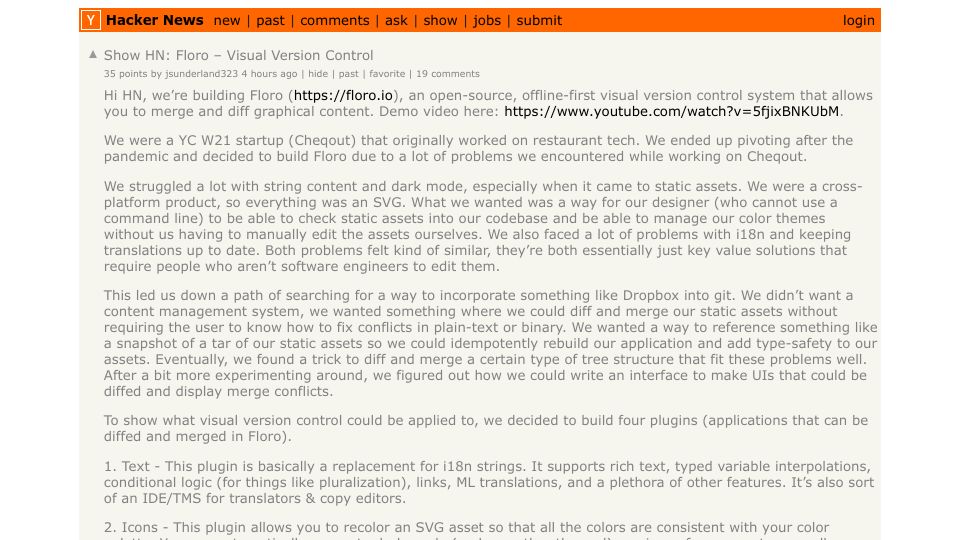 Screenshot of Hacker News post: Show HN: Floro – Visual Version Control