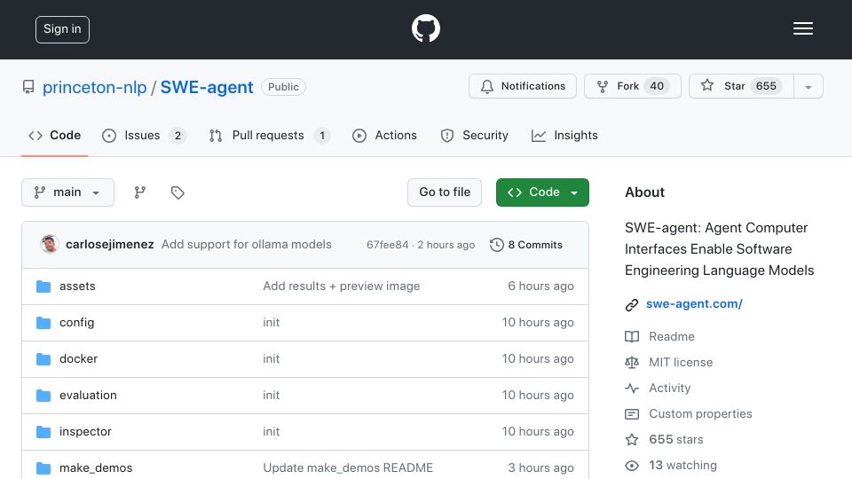 Screenshot of github.com: Princeton group open sources "SWE-agent", with 12% fix rate for GitHub issues