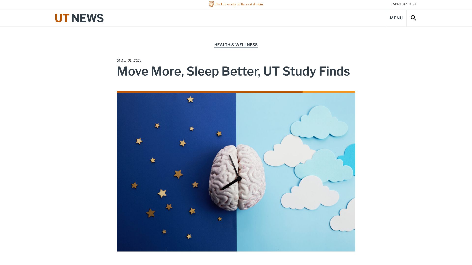 Screenshot of news.utexas.edu: Study uses wearables to show that physical activity lengthens REM latency