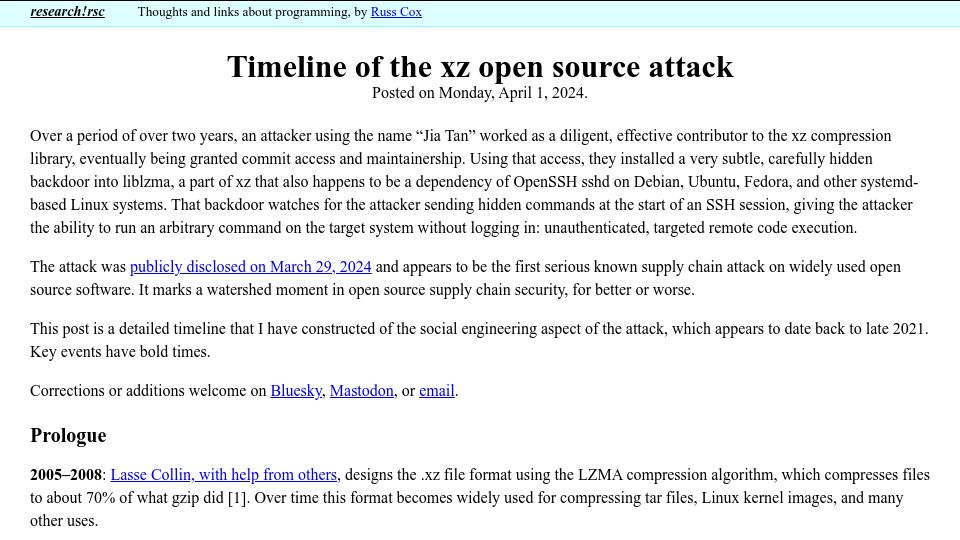 Screenshot of research.swtch.com: Timeline of the xz open source attack