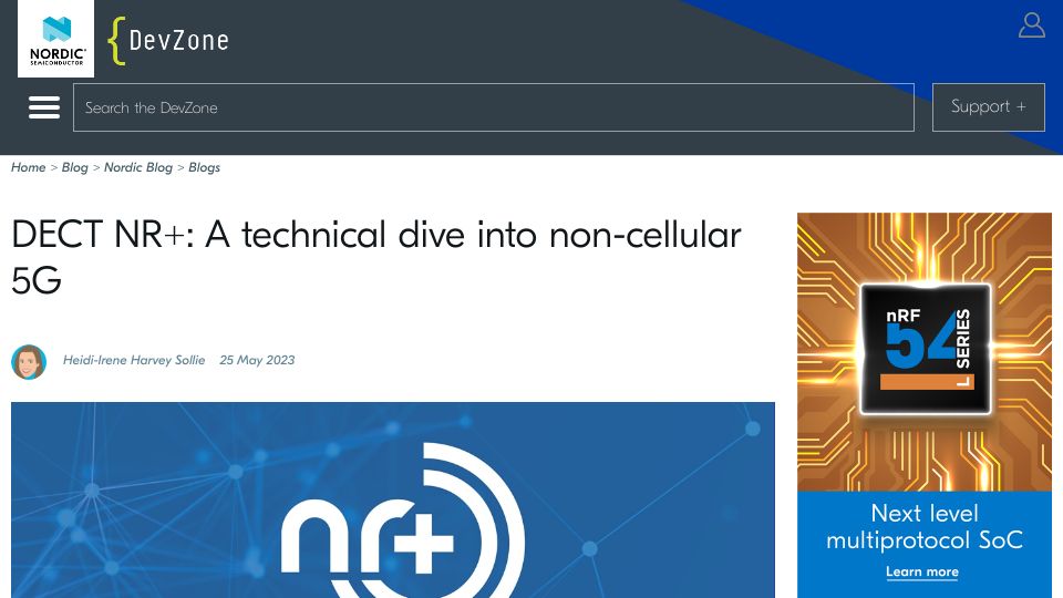 Screenshot of devzone.nordicsemi.com: DECT NR+: A technical dive into non-cellular 5G
