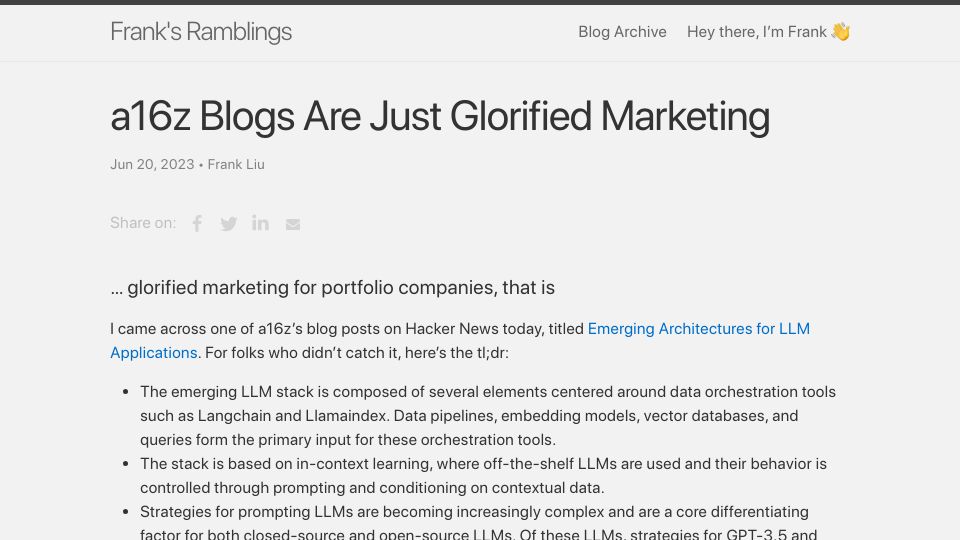Screenshot of frankzliu.com: A16Z blogs are just glorified marketing