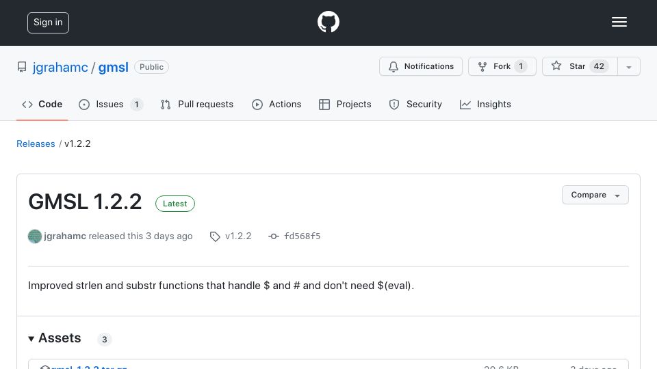 Screenshot of github.com: GNU Make Standard Library v1.2.2 released