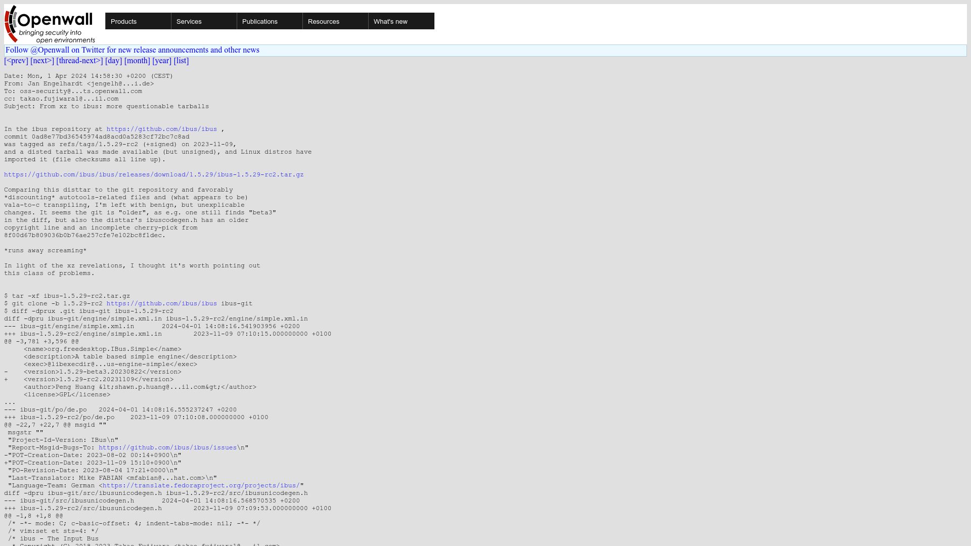 Screenshot of openwall.com: From xz to ibus: more questionable tarballs