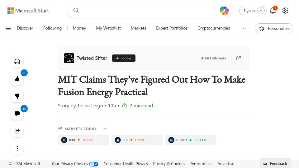 Screenshot of msn.com: MIT Claims They've Figured Out How to Make Fusion Energy Practical