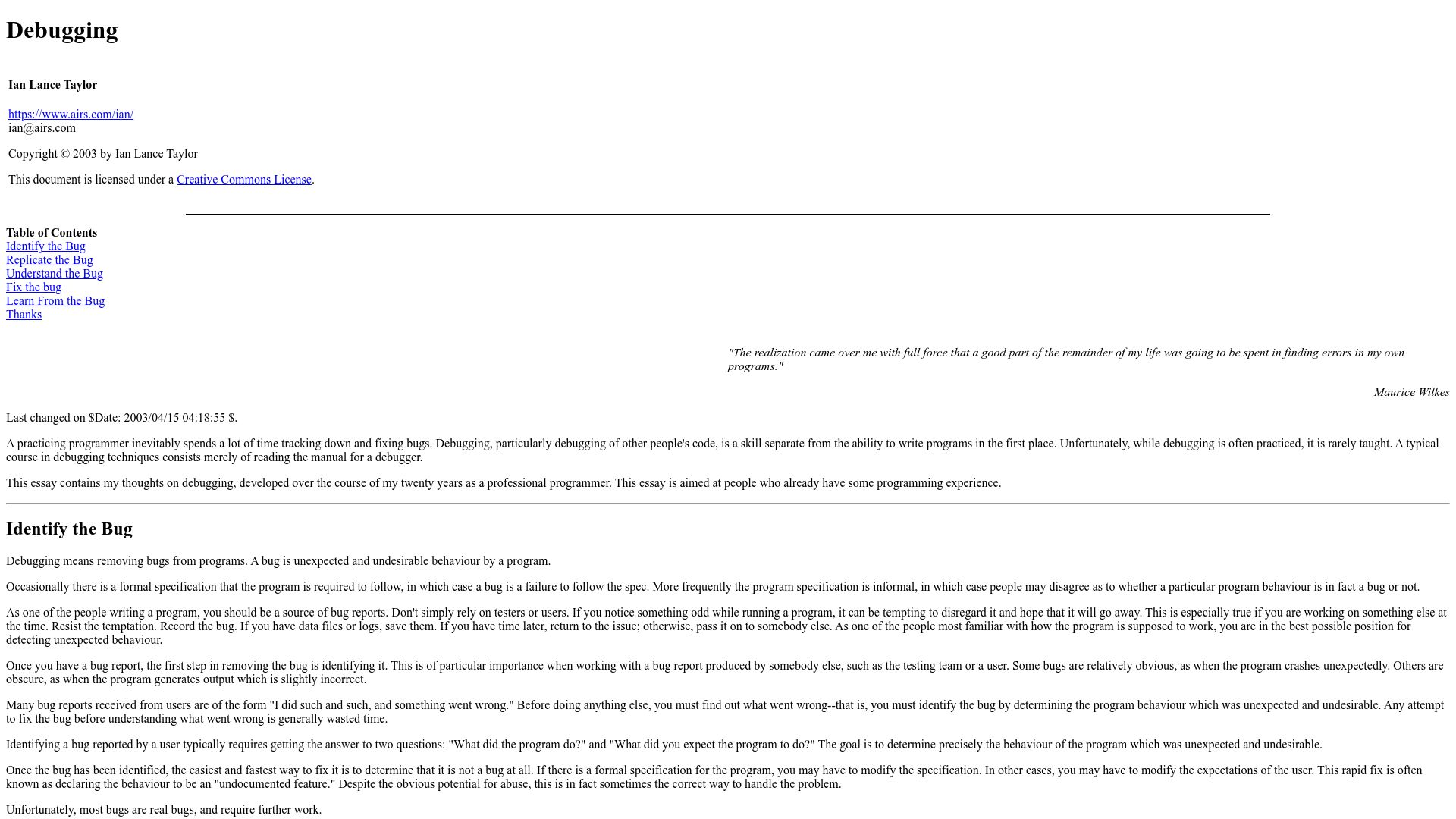 Screenshot of airs.com: Debugging (2003)