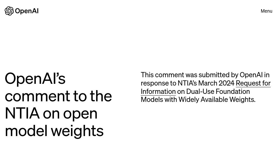 Screenshot of openai.com: OpenAI's comment to the NTIA on open model weights