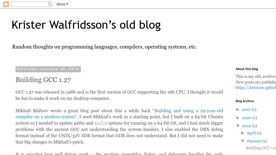 Screenshot of kristerw.blogspot.com: Building GCC 1.27 (first GCC with x86 support) (2019)