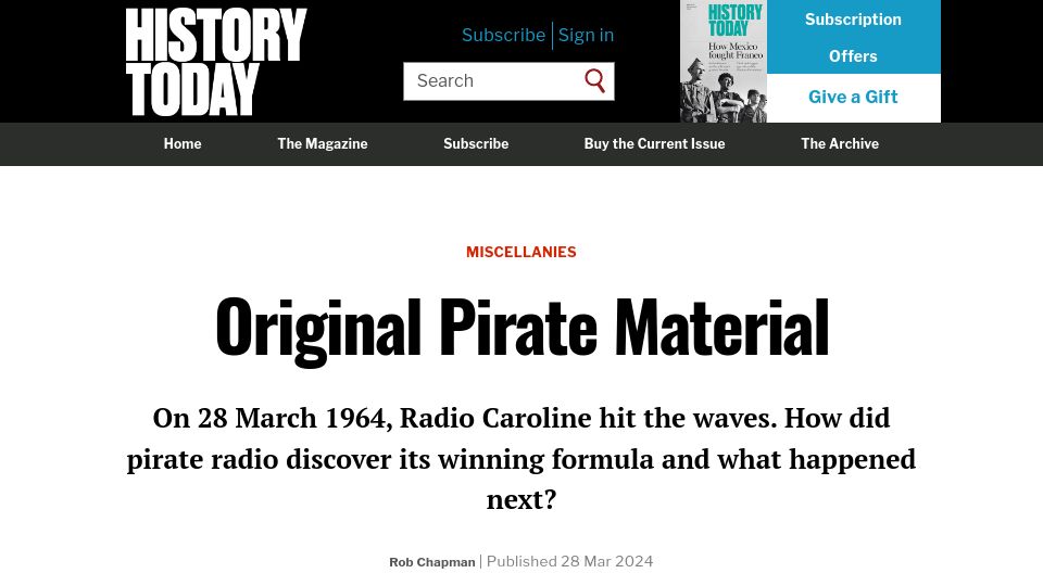 Screenshot of historytoday.com: Original Pirate Material