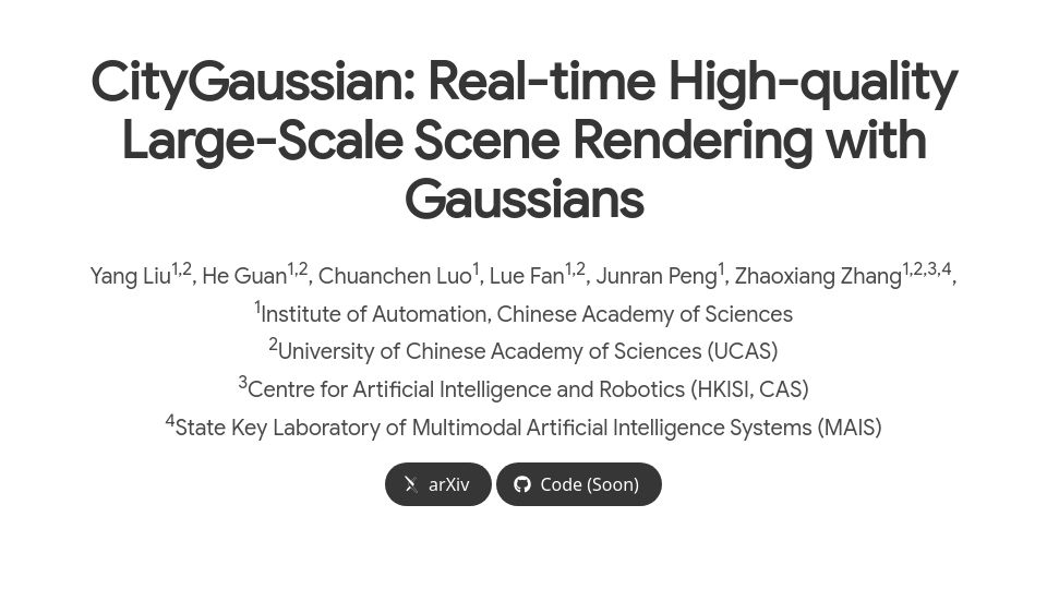 Screenshot of dekuliutesla.github.io: CityGaussian: Real-time high-quality large-scale scene rendering with Gaussians