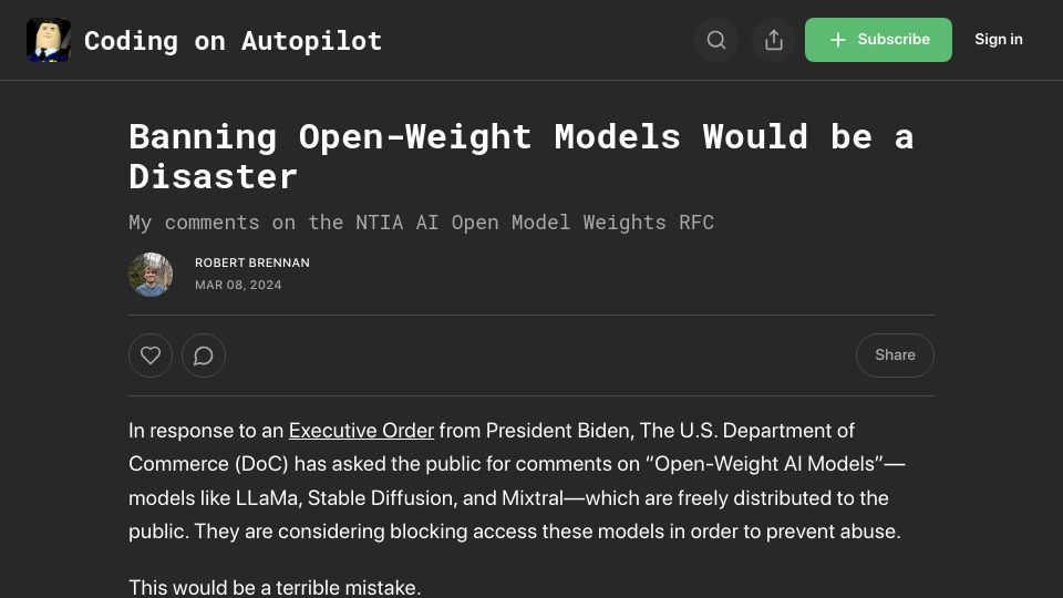 Screenshot of rbren.substack.com: Banning open weight models would be a disaster