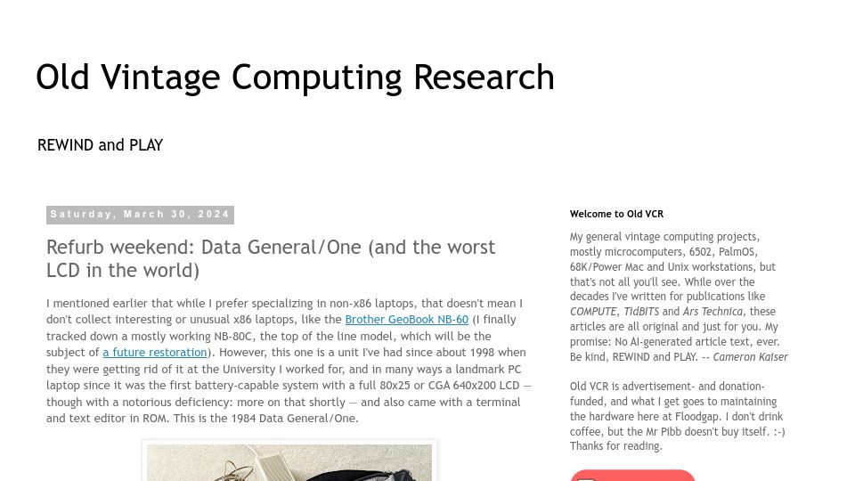 Screenshot of oldvcr.blogspot.com: Refurb weekend: Data General/One (and the worst LCD in the world)