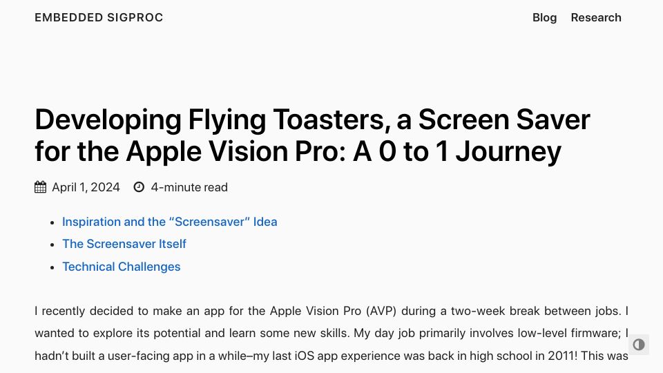 Screenshot of abhipray.com: Recreating the Flying Toasters screen saver for the Vision Pro