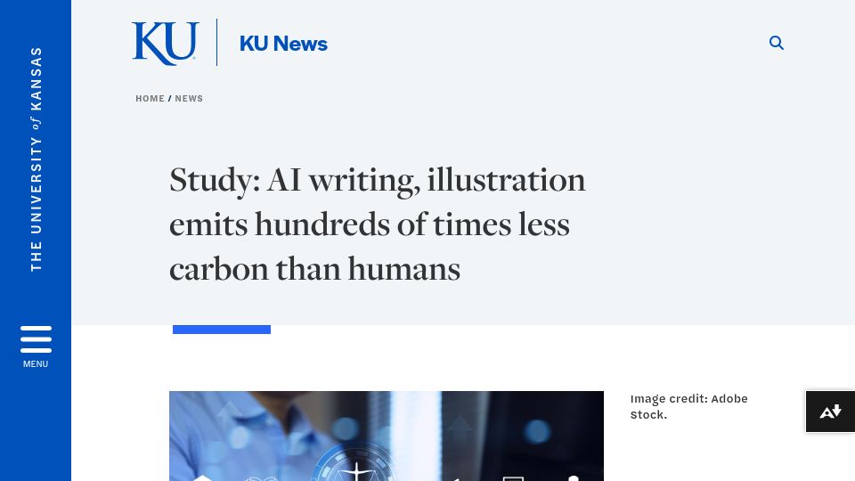 Screenshot of news.ku.edu: Study: AI writing, illustration emits hundreds of times less carbon than humans
