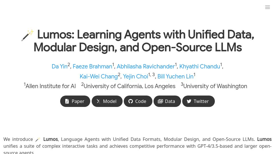 Screenshot of allenai.github.io: Lumos: Learning Agents with Unified Data, Modular Design, and Open-Source LLMs