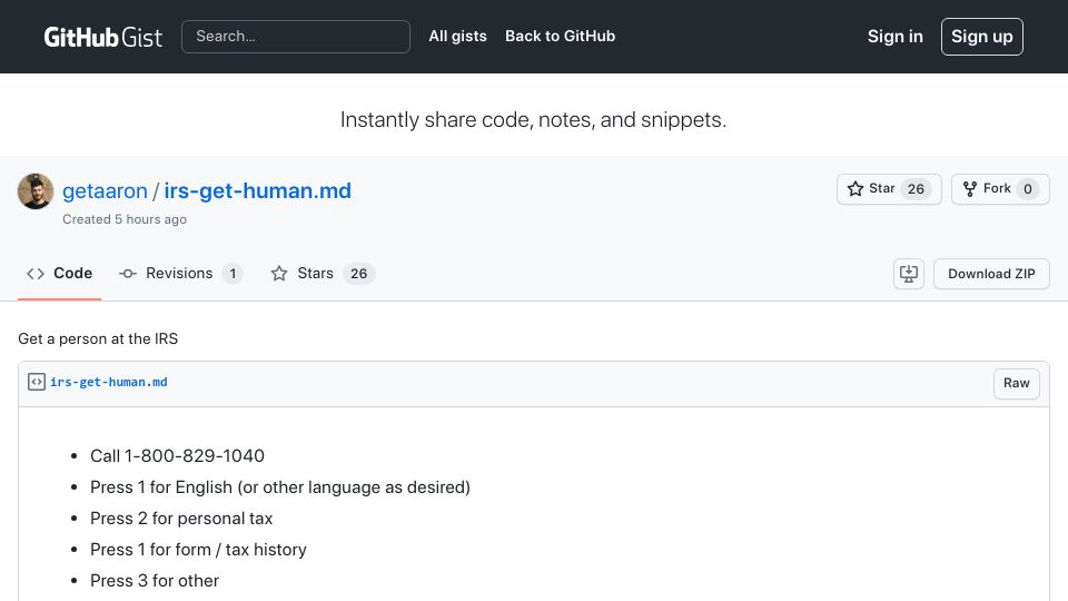 Screenshot of gist.github.com: Get a person at the IRS