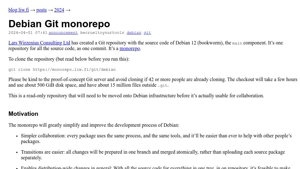 Screenshot of blog.liw.fi: Debian Git Monorepo