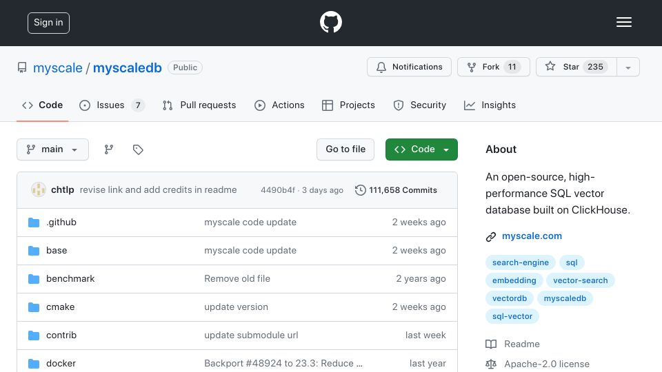 Screenshot of github.com: Myscaledb: Open-source SQL vector database to build AI apps using SQL