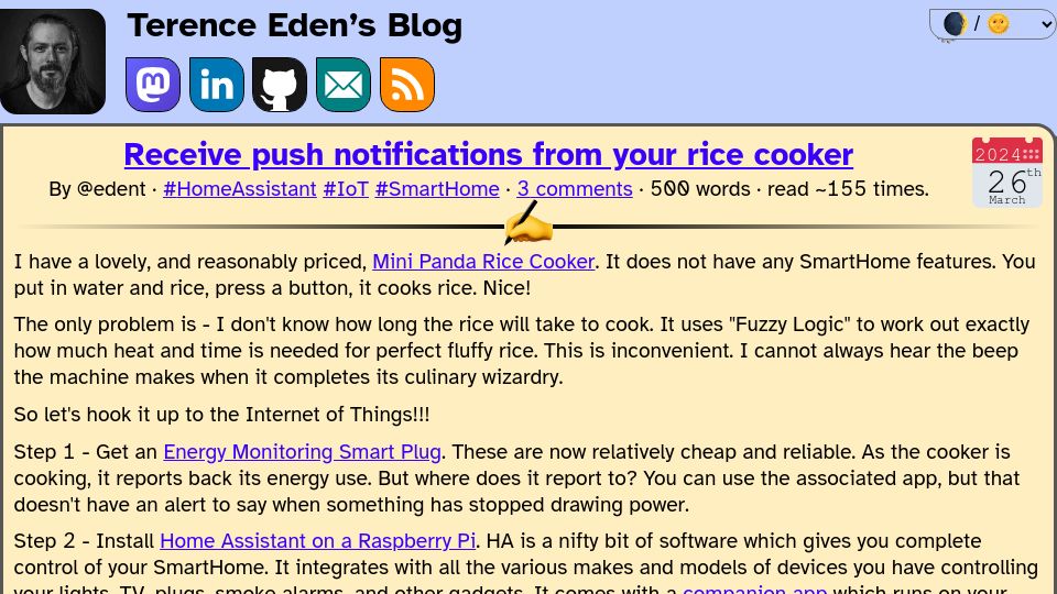 Screenshot of shkspr.mobi: Receive push notifications from your rice cooker