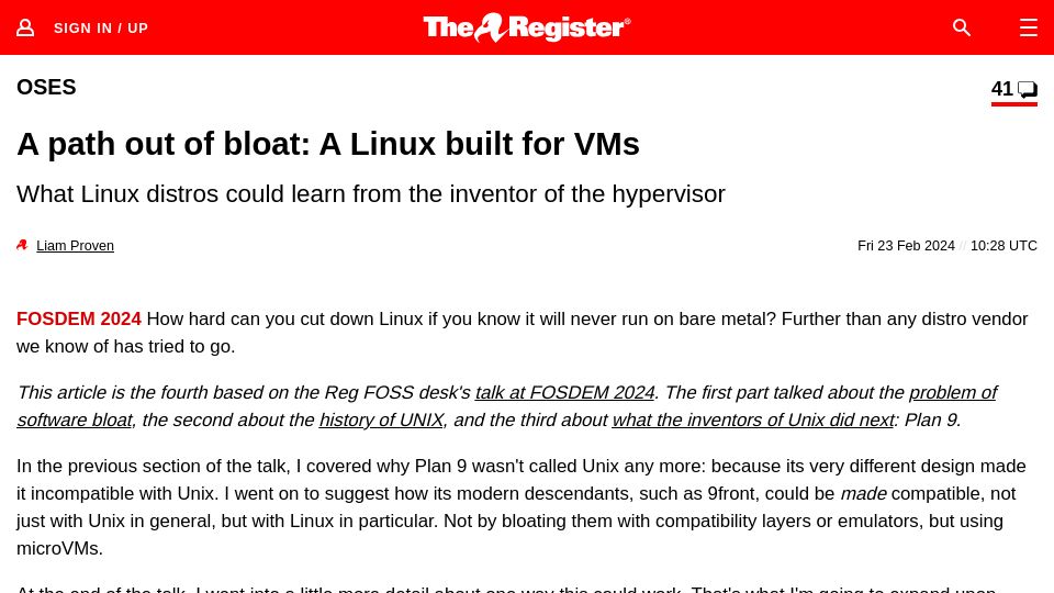 Screenshot of theregister.com: A path out of bloat: A Linux built for VMs