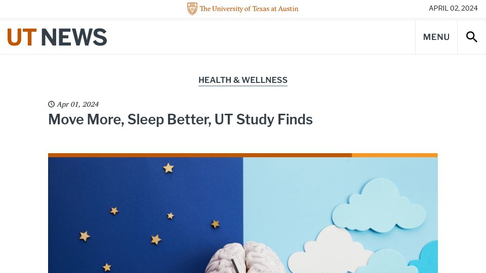 Screenshot of news.utexas.edu: Study uses wearables to show that physical activity lengthens REM latency