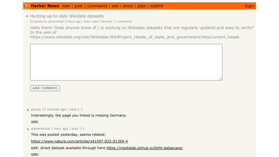 Screenshot of Hacker News post: Hunting up-to-date Wikidata datasets