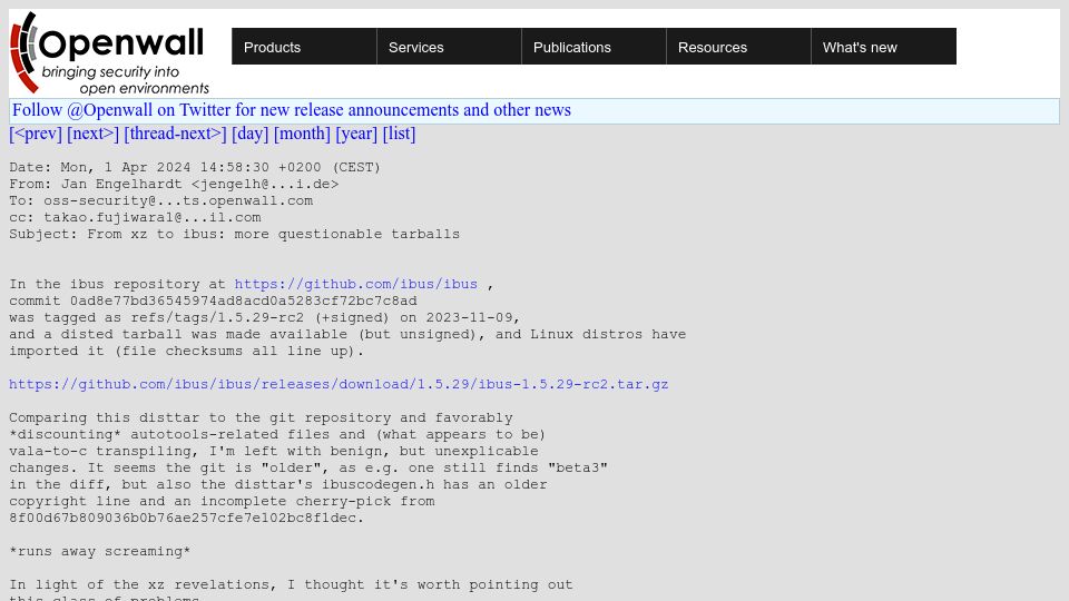 Screenshot of openwall.com: From xz to ibus: more questionable tarballs