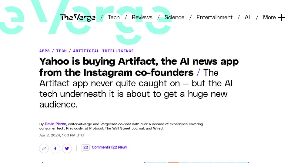 Screenshot of theverge.com: Yahoo is buying Artifact, the AI news app from the Instagram co-founders