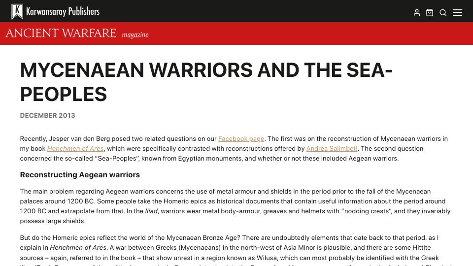 Screenshot of karwansaraypublishers.com: Mycenaean Warriors and the Sea-Peoples (2013)