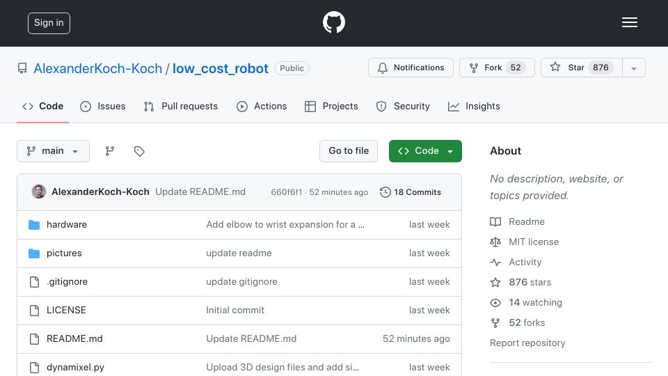 Screenshot of github.com: Low Cost Robot Arm