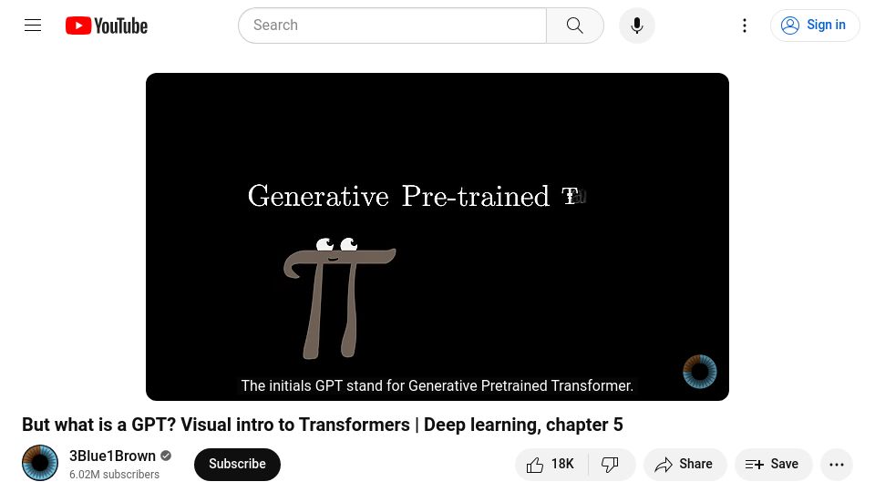 Screenshot of youtube.com: But what is a GPT?  Visual intro to Transformers [video]