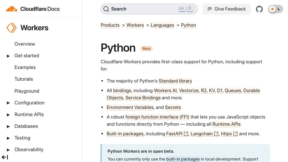Screenshot of developers.cloudflare.com: Python Workers