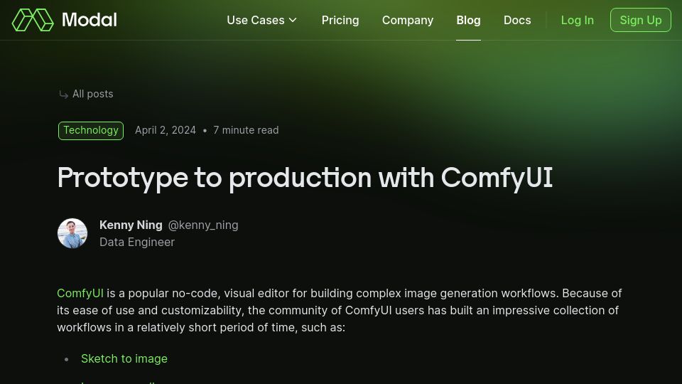 Screenshot of modal.com: Prototype to production with ComfyUI