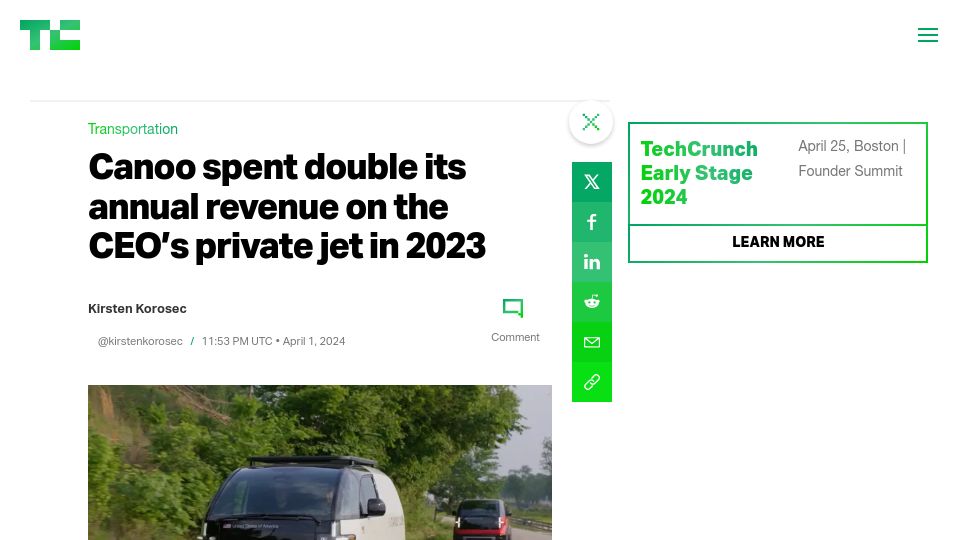 Screenshot of techcrunch.com: Canoo spent double its annual revenue on the CEO's private jet