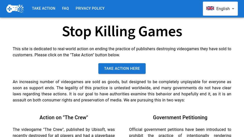 Screenshot of stopkillinggames.com: Stop Killing Games