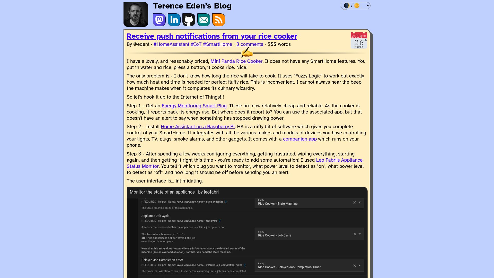 Screenshot of shkspr.mobi: Receive push notifications from your rice cooker