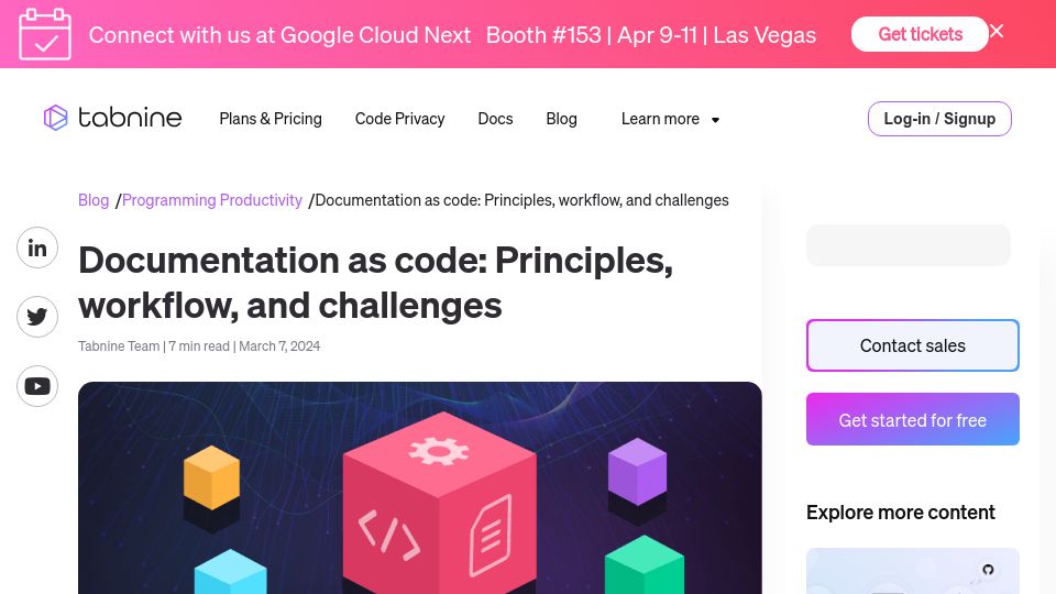 Screenshot of tabnine.com: Documentation as code: Principles, workflow, and challenges