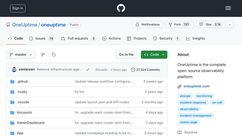 Screenshot of github.com: Show HN: OneUptime – open-source Datadog Alternative