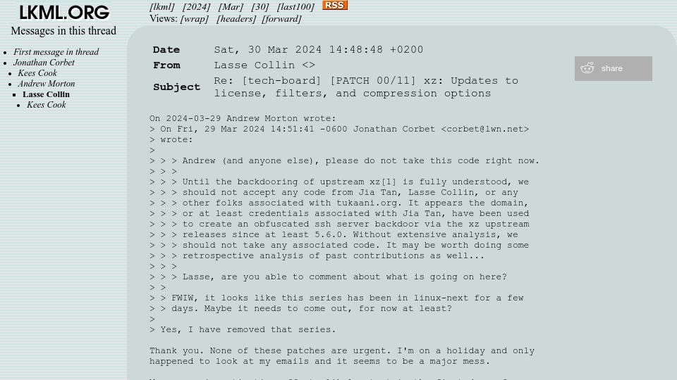 Screenshot of lkml.org: XZ: Repo maintainer Lasse Collin responding on LKML