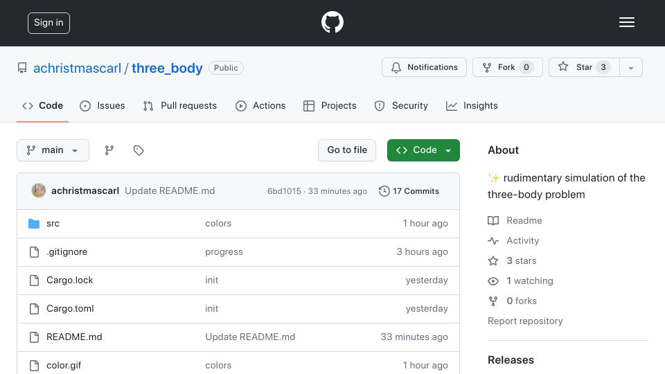 Screenshot of github.com: A rudimentary simulation of the three-body problem