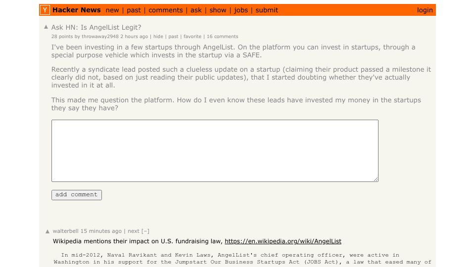Screenshot of Hacker News post: Ask HN: Is AngelList Legit?