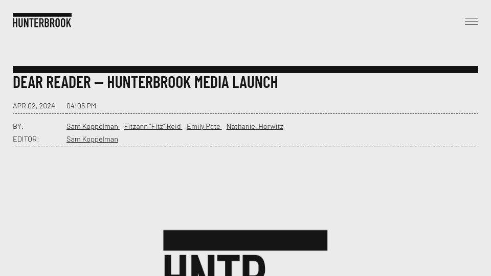 Screenshot of hntrbrk.com: Hunterbrook Media Launch