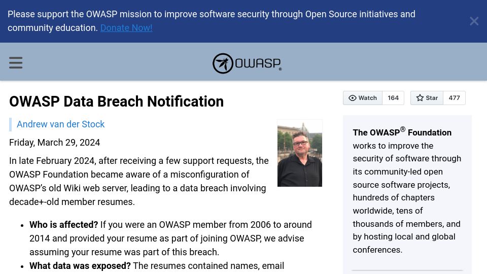 Screenshot of owasp.org: OWASP Data Breach Notification