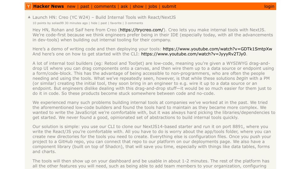 Screenshot of Hacker News post: Launch HN: Creo (YC W24) – Build internal tools with NextJS and AI