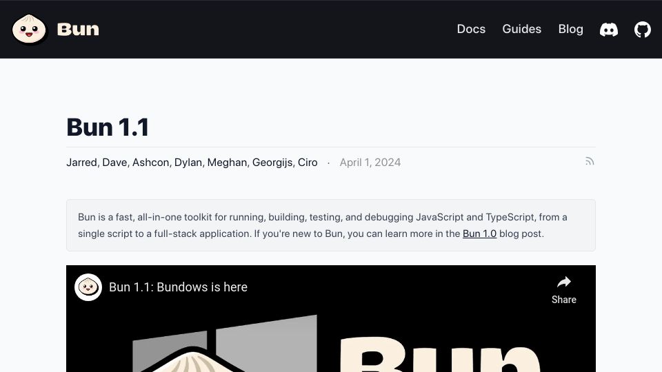 Screenshot of bun.sh: Bun 1.1