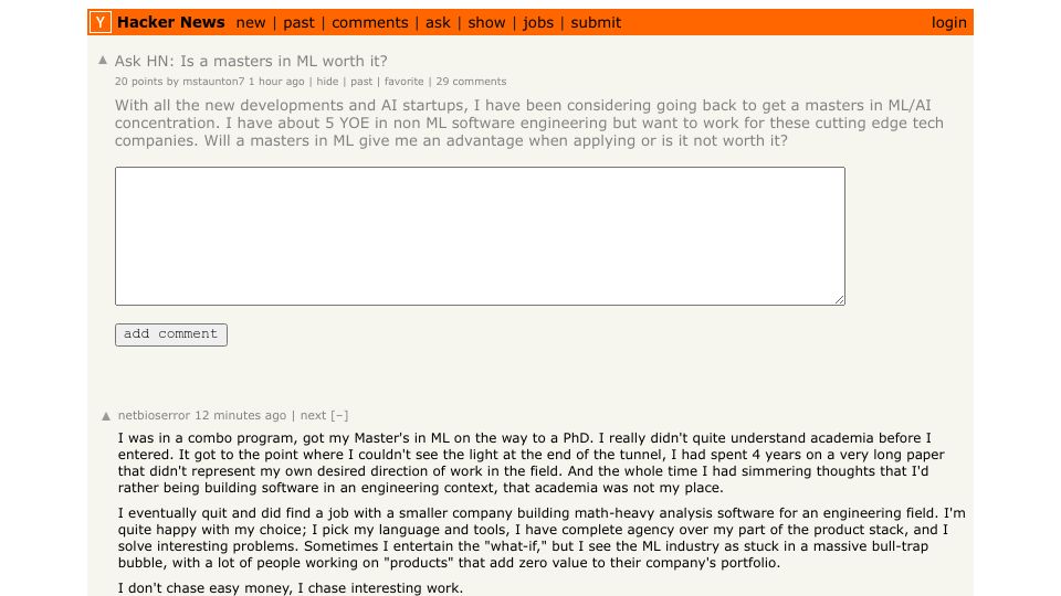 Screenshot of Hacker News post: Ask HN: Is a masters in ML worth it?