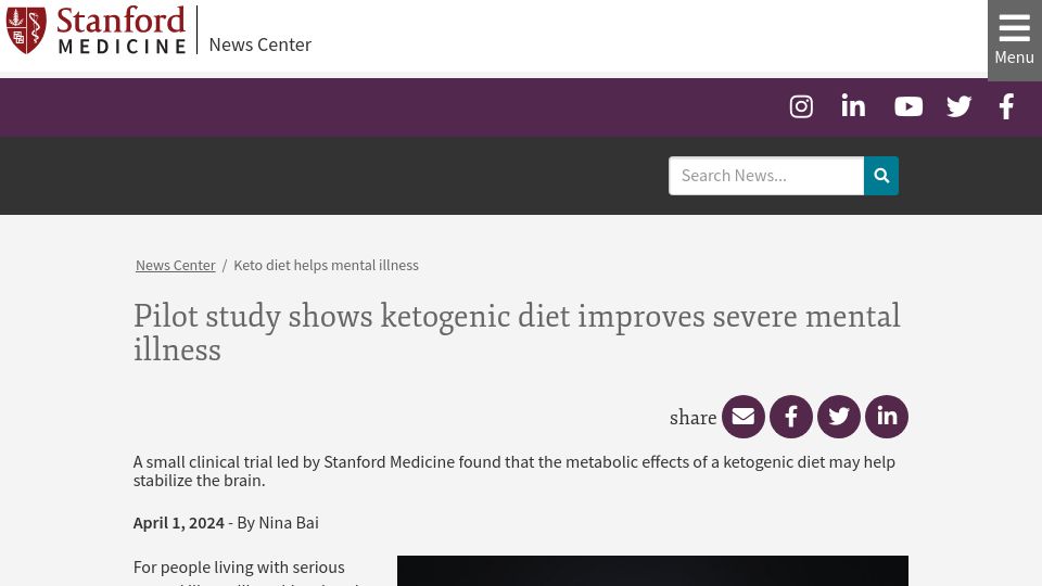 Screenshot of med.stanford.edu: Pilot study shows ketogenic diet improves mental illness