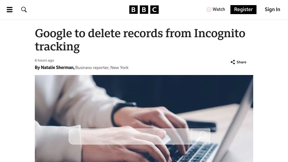 Screenshot of bbc.com: Google to delete records from Incognito tracking