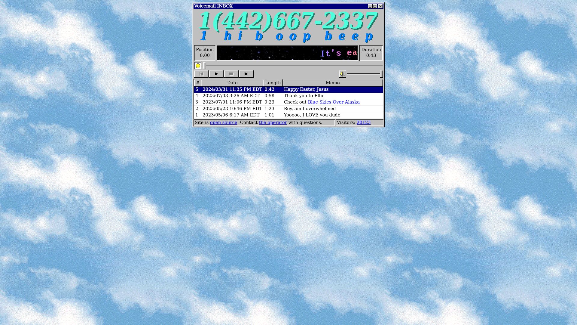 Screenshot of afterthebeep.tel: Anonymous public voicemail inbox