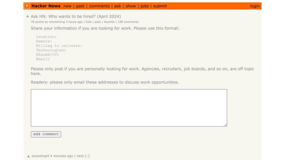 Screenshot of Hacker News post: Ask HN: Who wants to be hired? (April 2024)